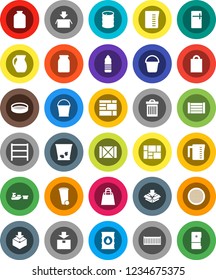 White Solid Icon Set- bucket vector, trash bin, measuring cup, jug, sieve, jar, water bottle, sea container, port, wood box, consolidated cargo, package, oil barrel, shelving, shopping bag, fridge