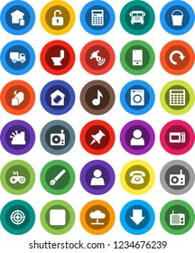 White Solid Icon Set- bucket vector, toilet, pen, calculator, school bus, music, arrow down, target, radio, satellitie, gamepad, mobile phone, thumbtack, backward button, cloud network, redo, user