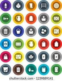 White Solid Icon Set- bucket vector, trash bin, garbage pile, jug, sieve, jar, enegry drink, water bottle, port, wood box, consolidated cargo, package, oil barrel, shelving, shopping bag, fridge