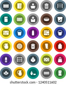 White Solid Icon Set- bucket vector, trash bin, measuring cup, jug, sieve, jar, water bottle, sea container, port, wood box, consolidated cargo, package, shelving, shopping bag, fridge