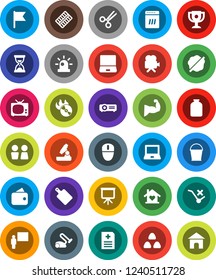 White Solid Icon Set- bucket vector, splotch, water closet, cutting board, jar, cereal, blackboard, microscope, notebook pc, award cup, presentation, flag, sand clock, muscule hand, no trolley, tv