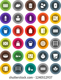 White Solid Icon Set- bucket vector, trash bin, garbage pile, measuring cup, sieve, jar, enegry drink, water bottle, sea container, port, wood box, consolidated cargo, package, shelving