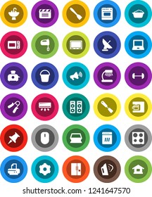 White Solid Icon Set- bucket vector, sponge, steaming, foam basin, sink, spatula, mixer, oven, table lamp, notebook pc, barbell, hand trainer, cinema clap, loudspeaker, thumbtack, gear, fridge, tv