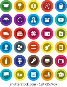 White Solid Icon Set- bucket vector, cleaning agent, garbage pile, atom, clipboard, flag, wallet, presentation board, stadium, jump rope, no fastfood, first aid kit, support, ship, truck trailer, tv
