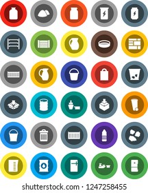 White Solid Icon Set- bucket vector, trash bin, garbage pile, measuring cup, jug, sieve, jar, enegry drink, water bottle, sea container, port, wood box, consolidated cargo, package, oil barrel