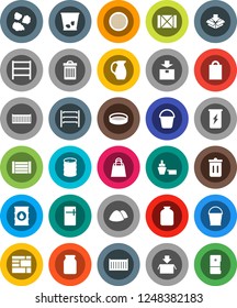 White Solid Icon Set- bucket vector, trash bin, garbage pile, jug, sieve, jar, enegry drink, sea container, port, wood box, consolidated cargo, package, oil barrel, shelving, shopping bag, fridge