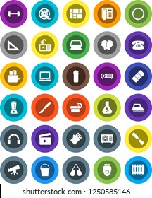 White Solid Icon Set- bucket vector, sponge, cleaning agent, rubber glove, sink, spatula, toaster, corner ruler, telescope, notebook pc, flask, barbell, boxing, hoop, consolidated cargo, cinema clap