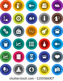 White Solid Icon Set- bucket vector, steaming, toilet brush, sprayer, oil, book, world, constellation, graph, sand clock, tie, medal, pills, dry cargo, heart, drop counter, key, chalet, buy, menu