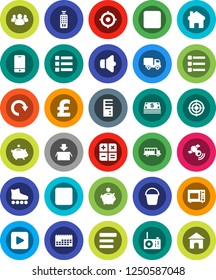 White Solid Icon Set- bucket vector, microwave oven, school bus, piggy bank, target, pound, roller Skates, calendar, satellitie, speaker, remote control, mobile phone, group, play button, pause