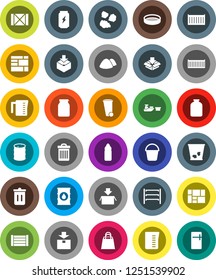 White Solid Icon Set- bucket vector, trash bin, garbage pile, measuring cup, sieve, jar, enegry drink, water bottle, sea container, port, wood box, consolidated cargo, package, oil barrel, shelving