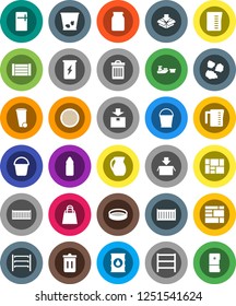 White Solid Icon Set- bucket vector, trash bin, garbage pile, measuring cup, jug, sieve, jar, enegry drink, water bottle, sea container, port, wood box, consolidated cargo, package, oil barrel