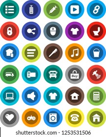 White Solid Icon Set- bucket vector, toilet, pen, notebook pc, school bus, music, calculator, t shirt, satellitie, speaker, remote control, social media, heart, play button, syringe, menu, chain