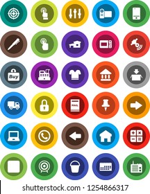 White Solid Icon Set- bucket vector, pen, notebook pc, university, t shirt, target, calendar, satellitie, settings, mobile phone, touchscreen, thumbtack, backward button, home, arrow, cottage, buy