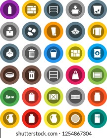 White Solid Icon Set- bucket vector, trash bin, garbage pile, measuring cup, jug, sieve, jar, water bottle, sea container, port, wood box, consolidated cargo, package, oil barrel, shelving, fridge