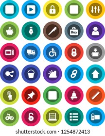 White Solid Icon Set- bucket vector, pen, ruler, bell, abacus, piggy bank, arrow up, gamepad, settings, touchscreen, social media, thumbtack, play button, pause, forward, backward, disabled, chain