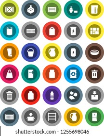 White Solid Icon Set- bucket vector, trash bin, garbage pile, measuring cup, jug, sieve, jar, enegry drink, water bottle, sea container, port, wood box, consolidated cargo, package, oil barrel