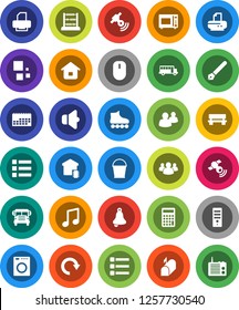 White Solid Icon Set- bucket vector, microwave oven, pen, bell, school bus, abacus, music, calculator, roller Skates, calendar, satellitie, speaker, group, menu, bench, redo, loading, smart home