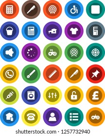 White Solid Icon Set- bucket vector, pen, ruler, calculator, target, pound, t shirt, speaker, gamepad, settings, thumbtack, stop button, disabled, syringe, loading, user, cottage, smart home, phone