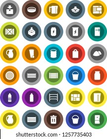 White Solid Icon Set- bucket vector, trash bin, garbage pile, measuring cup, jug, sieve, jar, enegry drink, water bottle, sea container, wood box, consolidated cargo, package, oil barrel, shelving