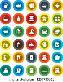 White Solid Icon Set- bucket vector, sponge, water drop, tap, bath, foam basin, sprayer, shower, closet, sink, kettle, measuring cup, double boiler, jug, enegry drink, pool, supply, dishwasher