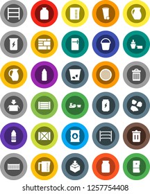 White Solid Icon Set- bucket vector, trash bin, garbage pile, measuring cup, jug, sieve, jar, enegry drink, water bottle, sea container, port, wood box, consolidated cargo, package, oil barrel