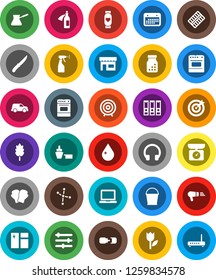 White Solid Icon Set- bucket vector, water drop, window cleaning, sprayer, knife, turk coffee, oven, cereal, notebook pc, constellation, target, binder, boxing glove, heart monitor, car, calendar