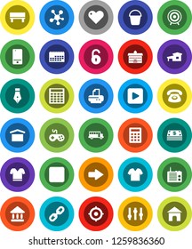 White Solid Icon Set- bucket vector, pen, university, school bus, calculator, target, t shirt, calendar, dry cargo, gamepad, settings, mobile phone, social media, heart, play button, forward, bench
