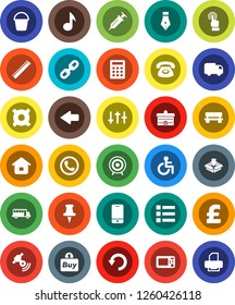 White Solid Icon Set- bucket vector, pen, university, ruler, school bus, music, any currency, pound, target, satellitie, settings, mobile phone, touchscreen, thumbtack, disabled, syringe, bench, buy
