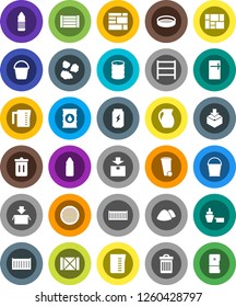 White Solid Icon Set- bucket vector, trash bin, garbage pile, measuring cup, jug, sieve, enegry drink, water bottle, sea container, port, wood box, consolidated cargo, package, oil barrel, shelving