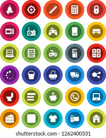 White Solid Icon Set- bucket vector, toilet, cake, ruler, bell, notebook pc, abacus, piggy bank, target, gamepad, mobile phone, social media, backward button, menu, bench, loading, lock, calculator