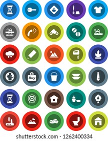 White Solid Icon Set- bucket vector, steaming, toilet, brush, plates, pencil, world, sand clock, tie, target, pool, port, flammable, pills, cloud exchange, router, key, fruit tree, mountain, buy