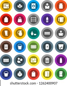 White Solid Icon Set- bucket vector, trash bin, garbage pile, measuring cup, jug, jar, enegry drink, water bottle, sea container, port, wood box, consolidated cargo, package, oil barrel, shelving