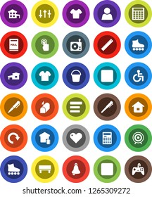 White Solid Icon Set- bucket vector, ruler, pen, bell, calculator, t shirt, roller Skates, target, radio, settings, touchscreen, heart, pause button, backward, disabled, menu, bench, redo, user