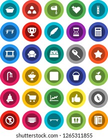 White Solid Icon Set- bucket vector, clothespin, sponge, welcome mat, foam basin, plates, sink, mixer, cereal, pen, apple fruit, bell, calculator, compass, award cup, graph, cart, horizontal bar