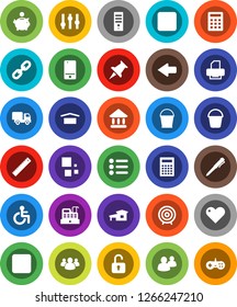 White Solid Icon Set- bucket vector, ruler, pen, calculator, university, piggy bank, target, dry cargo, settings, mobile phone, group, heart, thumbtack, pause button, forward, disabled, arrow, chain