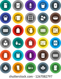 White Solid Icon Set- bucket vector, trash bin, garbage pile, measuring cup, jug, sieve, jar, enegry drink, water bottle, sea container, port, wood box, consolidated cargo, package, oil barrel