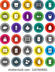 White Solid Icon Set- bucket vector, trash bin, garbage pile, measuring cup, jug, jar, enegry drink, water bottle, sea container, port, wood box, consolidated cargo, package, oil barrel, shelving