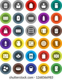 White Solid Icon Set- bucket vector, trash bin, garbage pile, measuring cup, jug, sieve, jar, enegry drink, water bottle, sea container, wood box, consolidated cargo, package, oil barrel, shelving