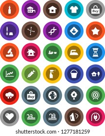 White Solid Icon Set- bucket vector, iron, steaming, toilet brush, sprayer, oil, microscope, world, constellation, graph, sand clock, target, pool, port, flammable, heart, dna, syringe, house, buy