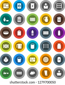 White Solid Icon Set- bucket vector, trash bin, garbage pile, measuring cup, jug, sieve, jar, enegry drink, water bottle, sea container, port, wood box, consolidated cargo, package, oil barrel