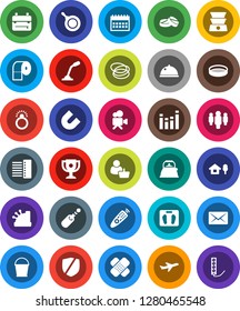 White Solid Icon Set- bucket vector, toilet paper, pan, kettle, sieve, dish, backpack, award cup, magnet, man, calendar, scales, hoop, plane, protected, equalizer, video camera, remote control, jack