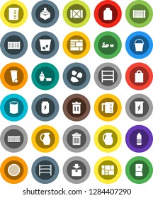 White Solid Icon Set- bucket vector, trash bin, garbage pile, measuring cup, jug, sieve, jar, enegry drink, water bottle, sea container, port, wood box, consolidated cargo, package, oil barrel
