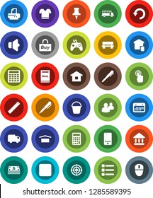 White Solid Icon Set- bucket vector, ruler, pen, school bus, university, calculator, t shirt, target, calendar, dry cargo, speaker, gamepad, mobile phone, touchscreen, group, thumbtack, pause button