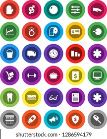 White Solid Icon Set- bucket vector, toilet paper, pan, cook glove, glasses, personal information, exam, graph, receipt, dollar shield, barbell, fitball, breads, clock, sorting, loudspeaker, tooth
