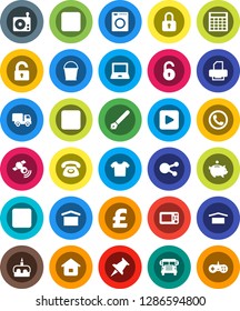 White Solid Icon Set- bucket vector, cake, pen, notebook pc, school bus, piggy bank, calculator, pound, dry cargo, radio, satellitie, social media, thumbtack, play button, pause, backward, rec, home