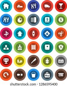 White Solid Icon Set- bucket vector, washboard, pen, award cup, annual report, arrow up, dollar medal, stopwatch, heart monitor, cereals, route, ship, car, glass, flammable, eye doctor hat, hub, buy