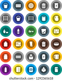 White Solid Icon Set- bucket vector, trash bin, measuring cup, jug, sieve, jar, enegry drink, water bottle, sea container, port, consolidated cargo, package, oil barrel, shelving, fridge