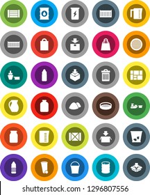 White Solid Icon Set- bucket vector, trash bin, garbage pile, measuring cup, jug, sieve, jar, enegry drink, water bottle, sea container, port, wood box, consolidated cargo, package, oil barrel