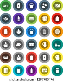 White Solid Icon Set- bucket vector, trash bin, garbage pile, measuring cup, jug, sieve, jar, enegry drink, water bottle, sea container, port, wood box, consolidated cargo, package, oil barrel