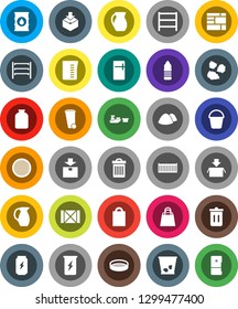White Solid Icon Set- bucket vector, trash bin, garbage pile, measuring cup, jug, sieve, jar, enegry drink, water bottle, sea container, port, wood box, consolidated cargo, package, oil barrel